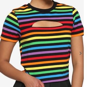 NWT Hot Topic Rainbow Striped Keyhole Top Red Orange Yellow Purple Size L Junior